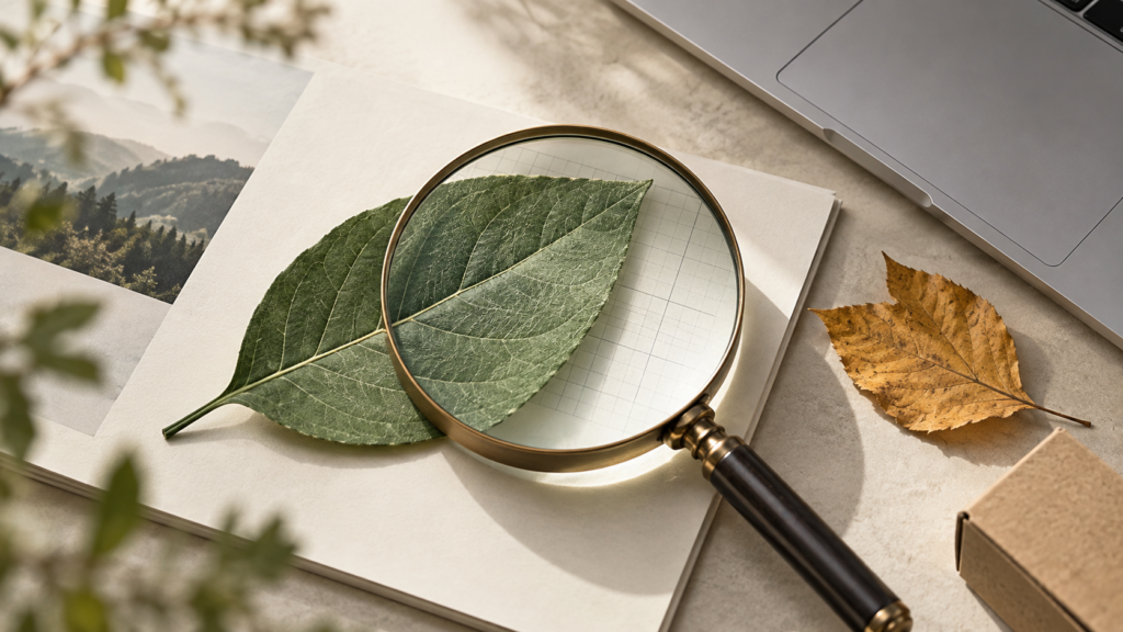 Lupe über einem grünen Blatt auf einer Broschüre, daneben Laptop und Herbstblatt – Symbol für den Faktencheck von Umweltversprechen.
